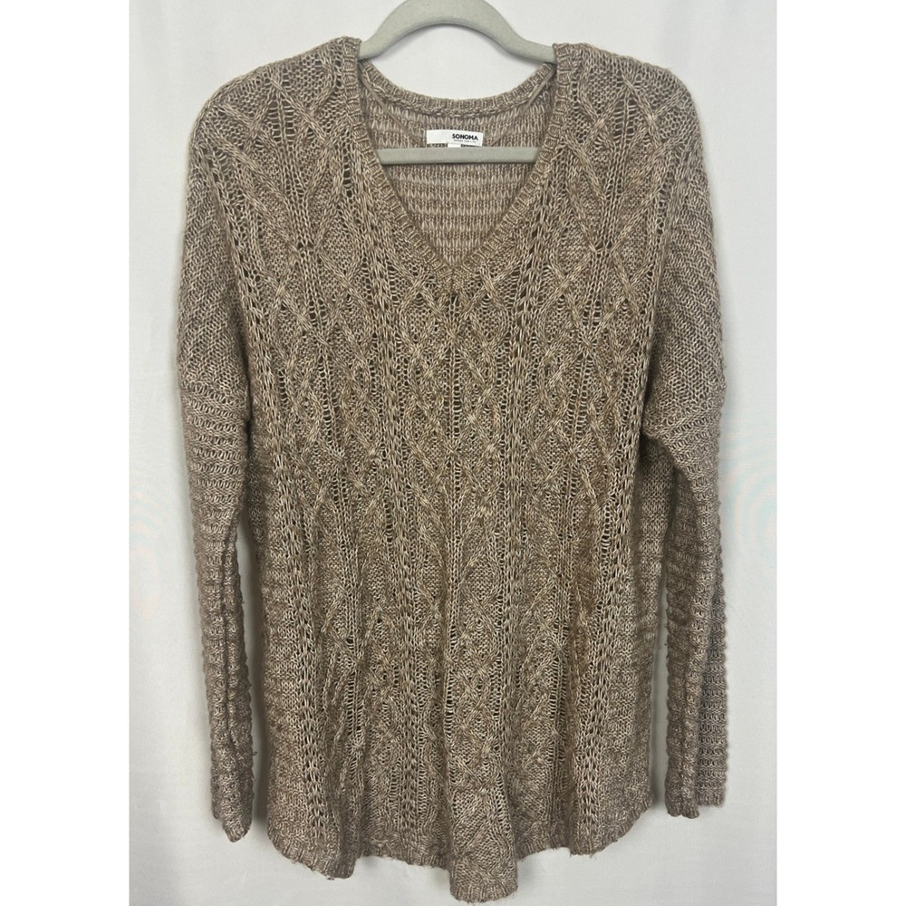 Sonoma Goods For Life Womens Tan Pointelle Diamond Knit V-Neck Sweater Size L